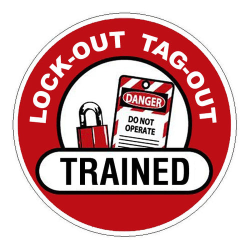 Lock-Out Tag-Out Trained Hard Hat Sticker 1 - 2 inch Circle
